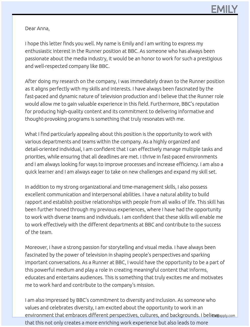 Runner At BBC Cover Letter