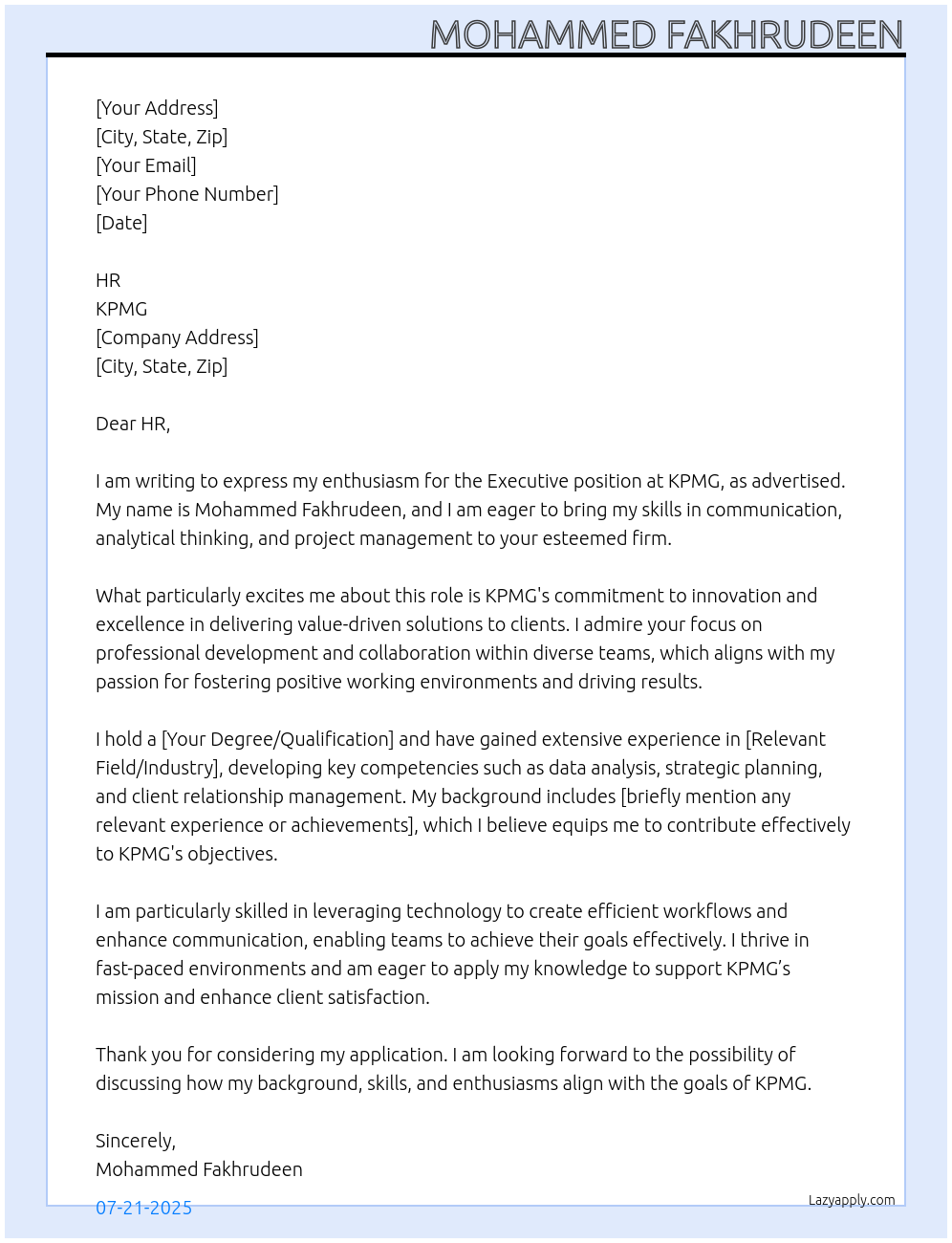 Executive At KPMG Cover Letter