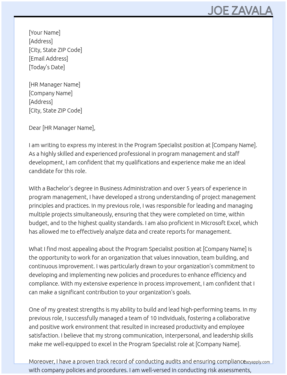 Program Specialist At your organization Cover Letter