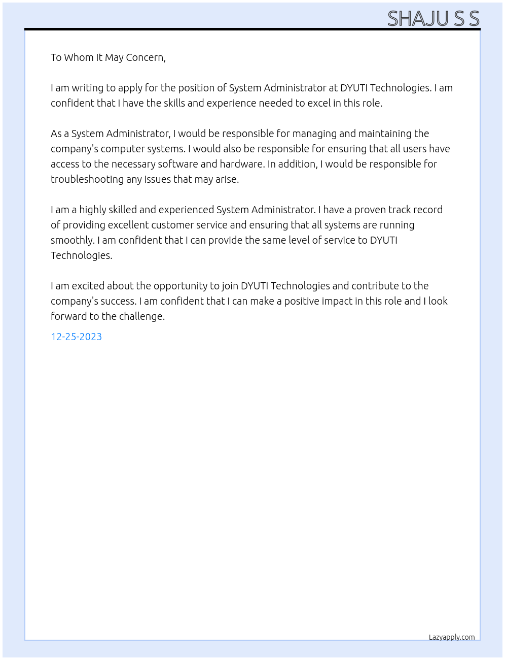 System Administrator At DYUTI TECHNOLOGIES Cover Letter