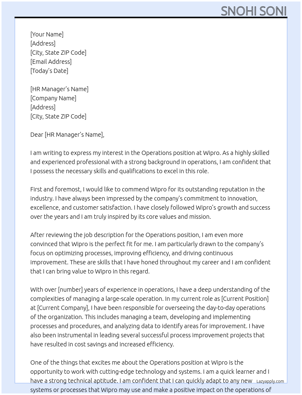 operations  At wipro  Cover Letter