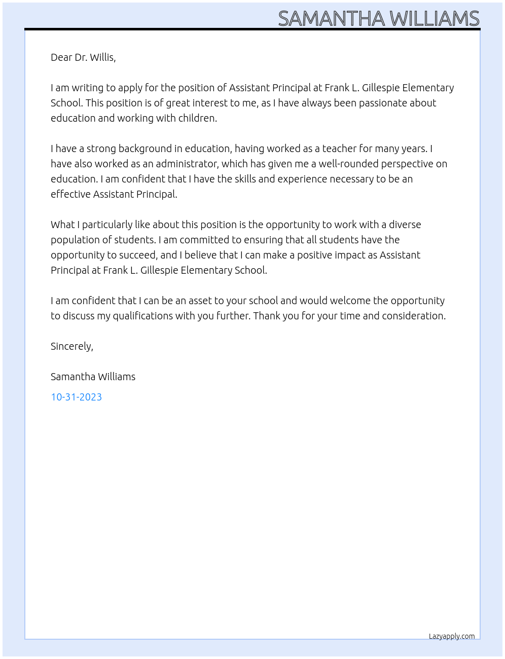 Assistant Principal At Frank L. Gillespie Elementary School Cover Letter