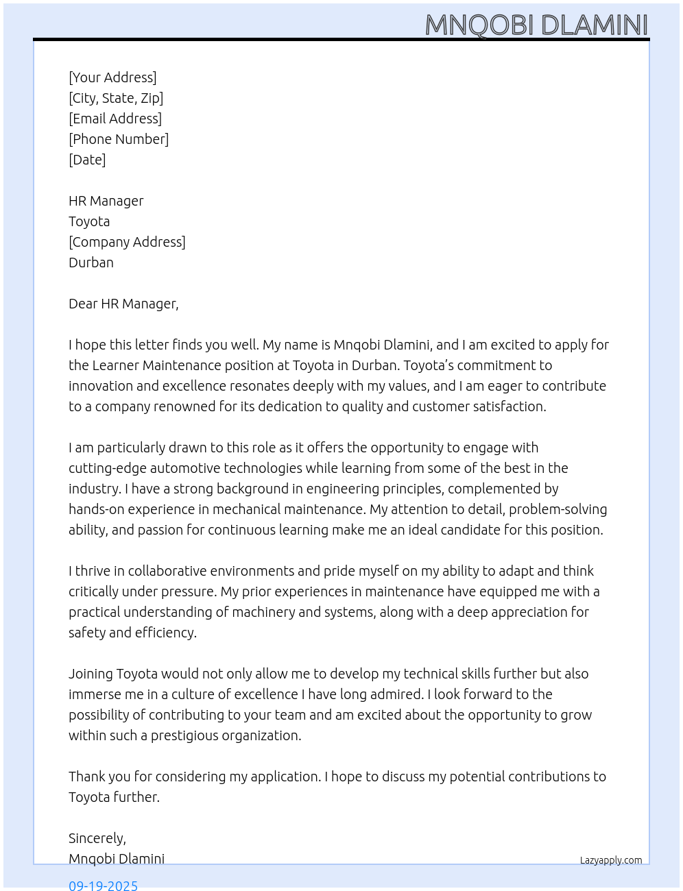 learner maintenance  At Toyota Cover Letter