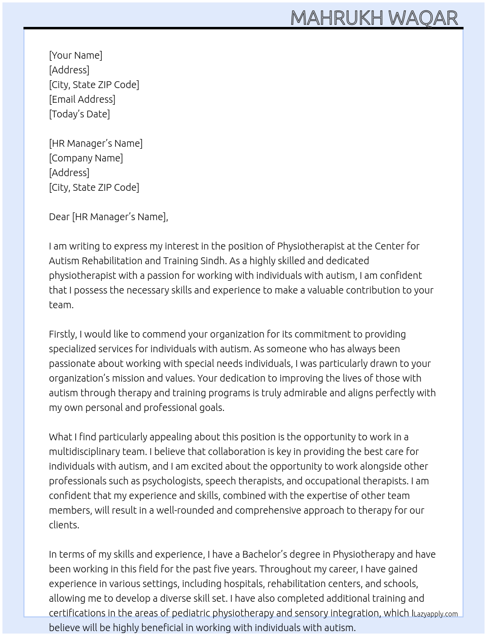 Physiotherapist At Center for Autism Rehabilitation and Training Sindh Cover Letter