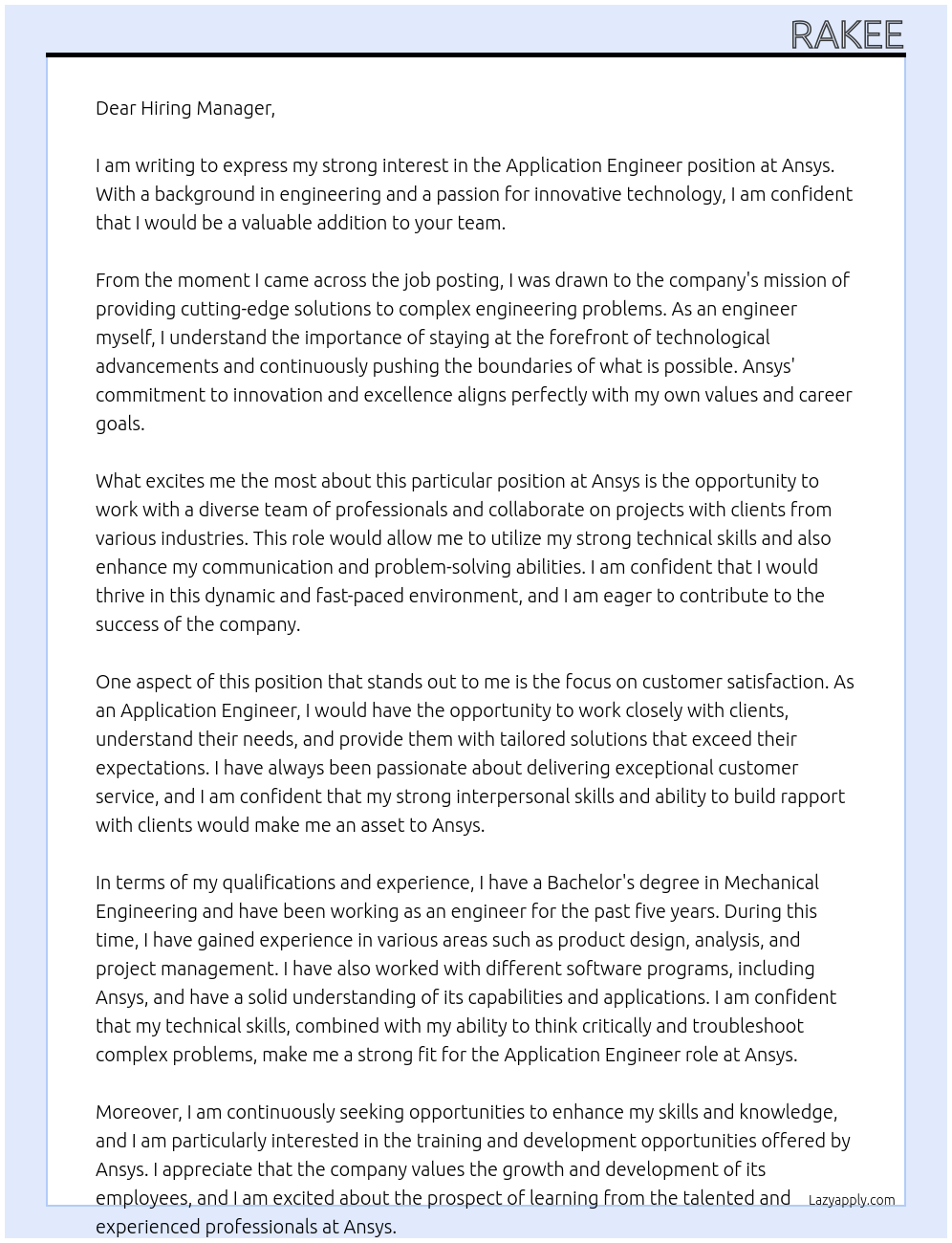 Application Engineer At Ansys Cover Letter