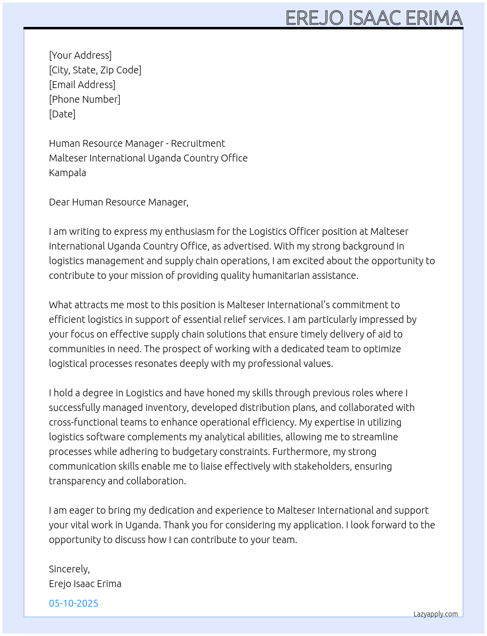 Logistics Officer  At Malteser International Uganda Country Office in Kampala  Cover Letter