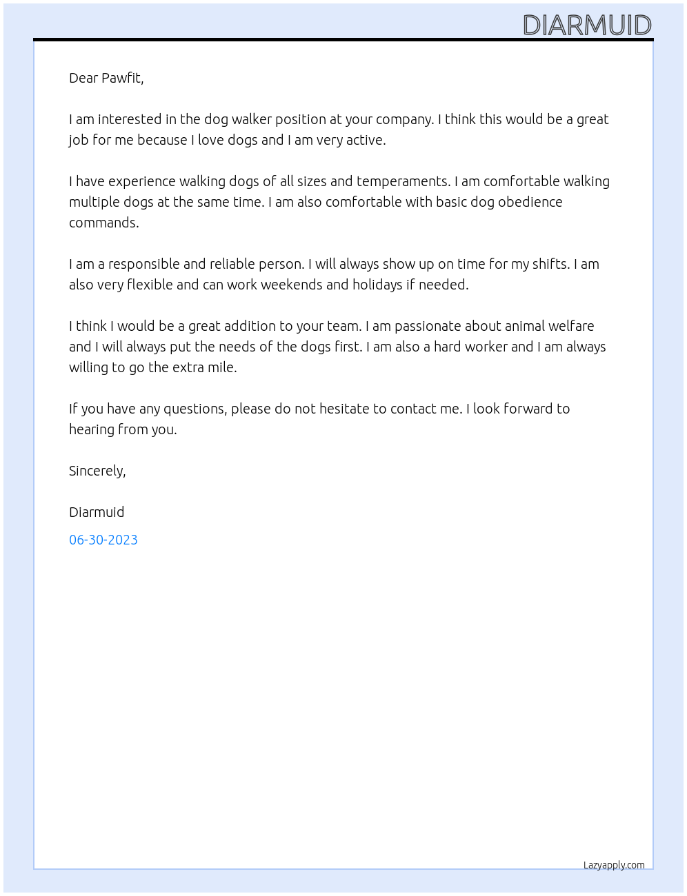 Dog walker At Pawfit Cover Letter