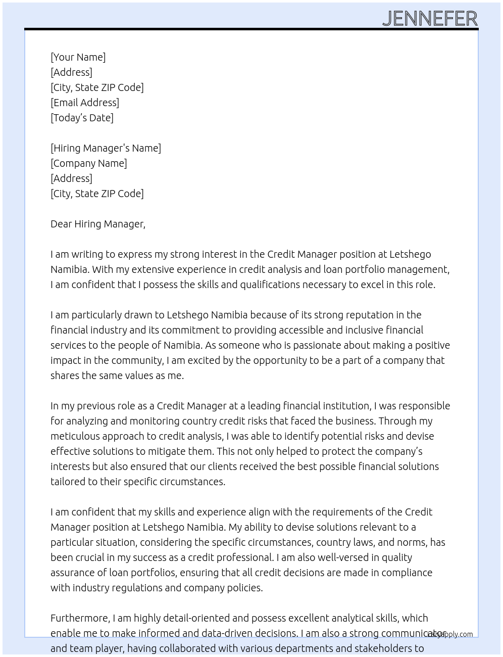 Credit Manager At Letshego Namibia Cover Letter