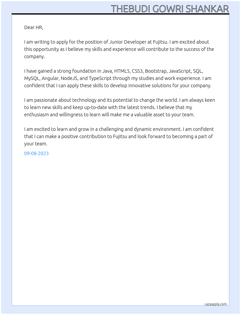 Junior developer At Fujitsu Cover Letter