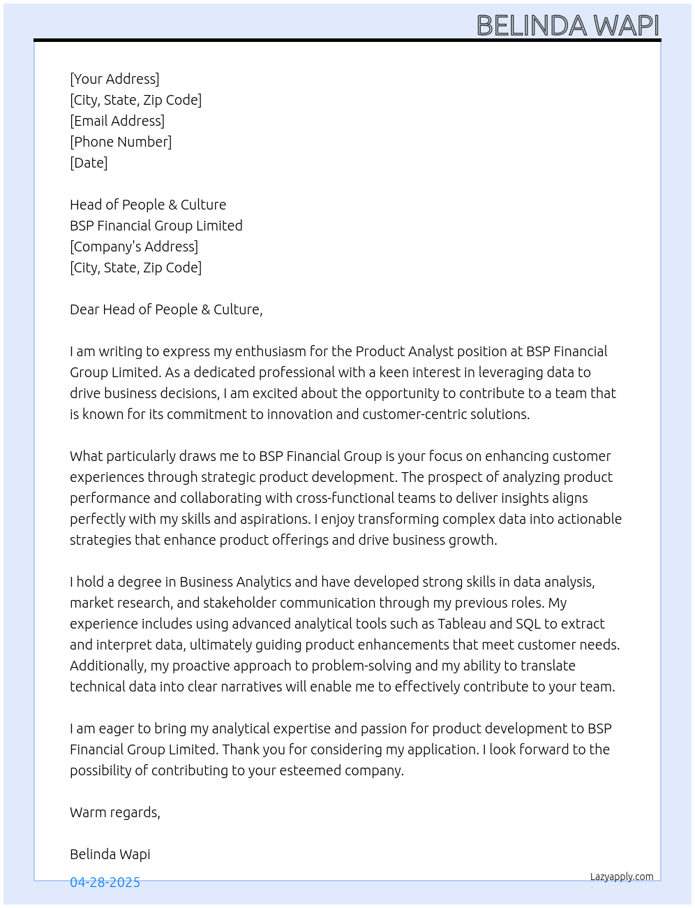 Product Analyst At BSP FINANCIAL GROUP LIMITED Cover Letter