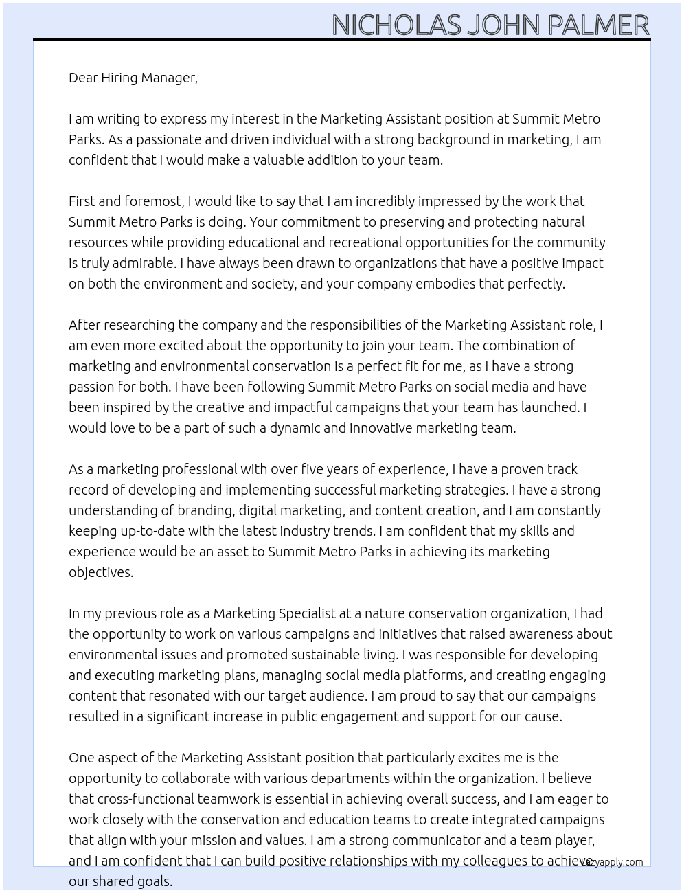 Marketing Assistant At Summit Metro Parks Cover Letter
