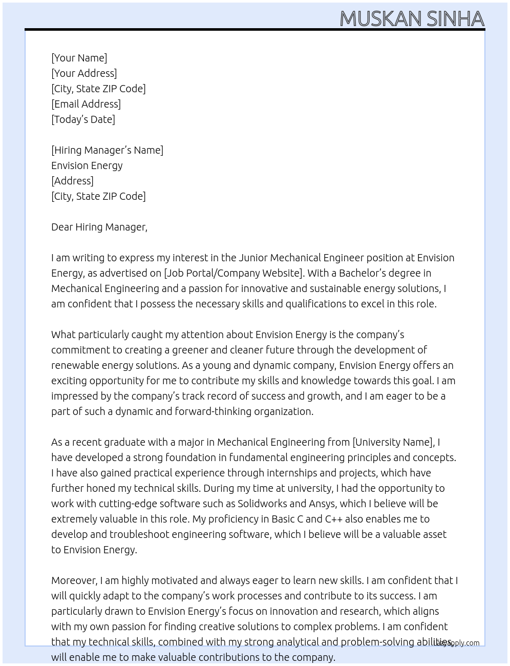 Junior Mechanical Engineer At Envision energy Cover Letter