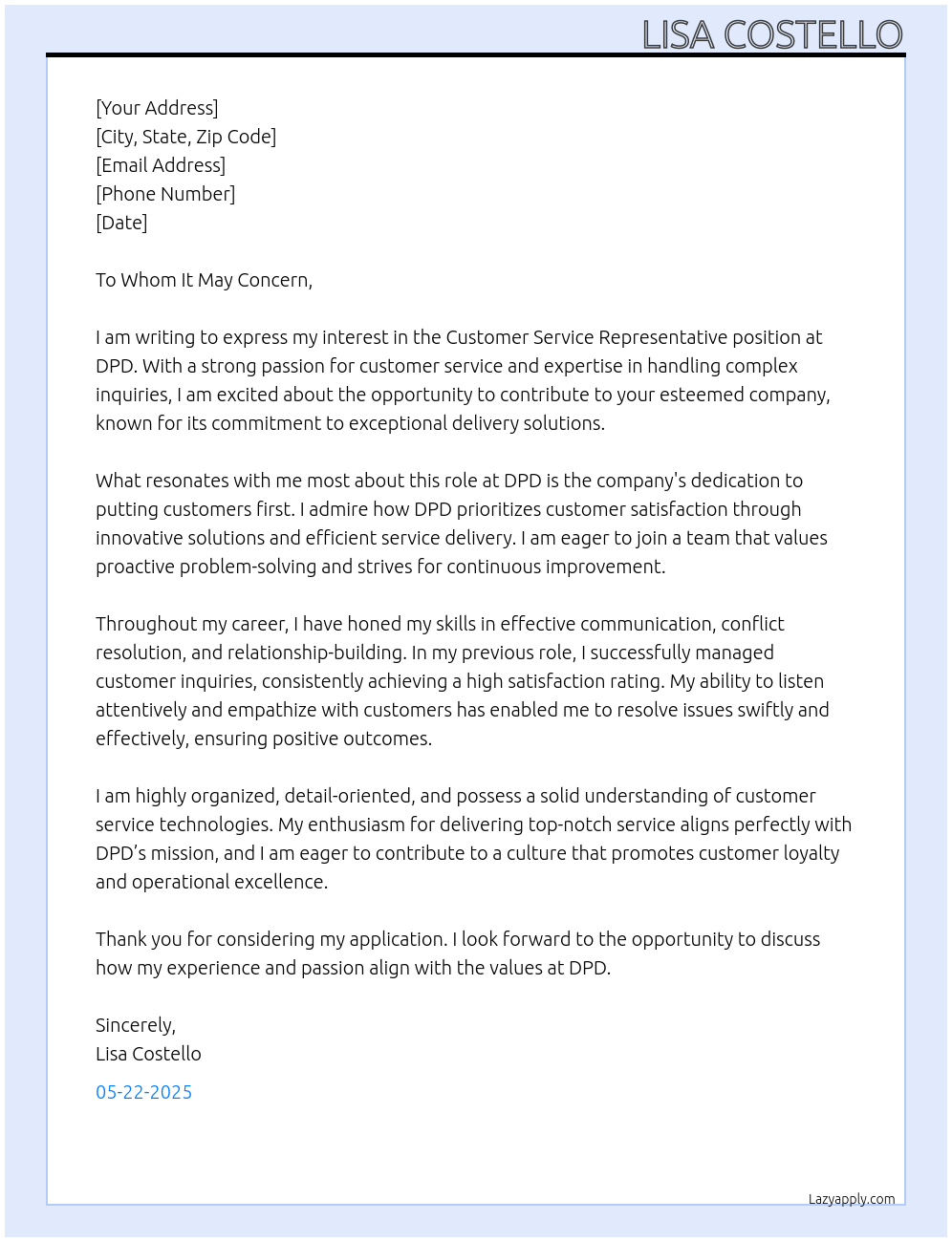 Customer Service Representative At DPD Cover Letter