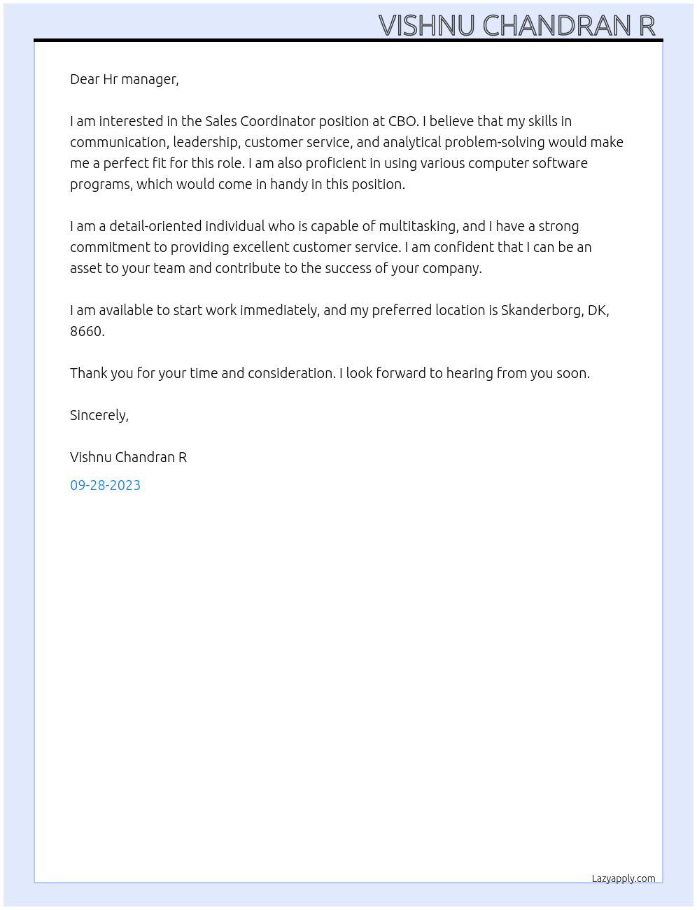 Sales Coordinator  At CBO Cover Letter