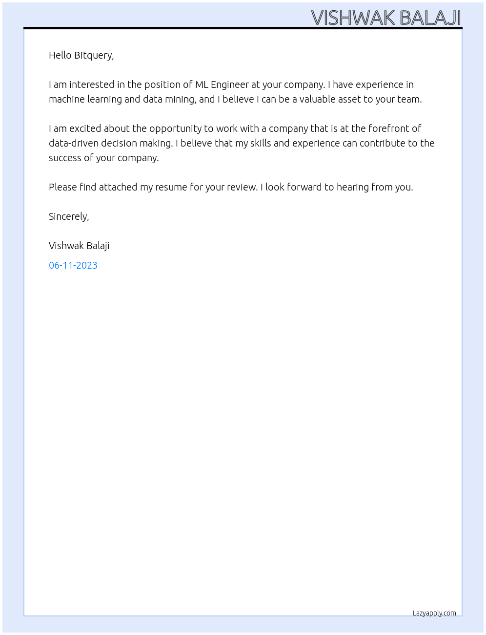 ML Engineer At Bitquery Cover Letter