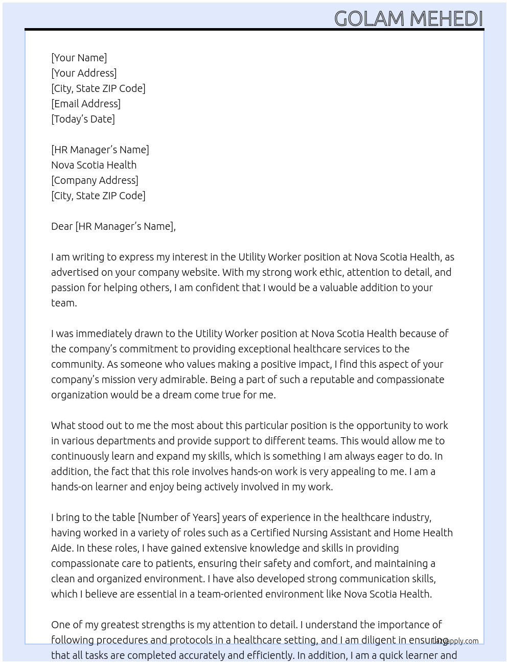 Utility Worker At Nova Scotia Health Cover Letter
