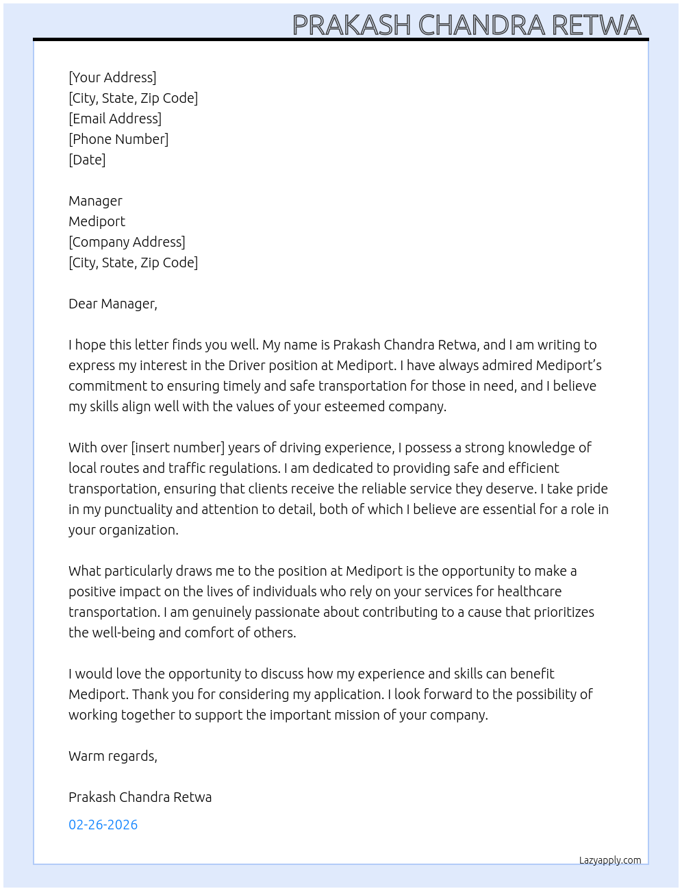 Driver  At Mediport Cover Letter