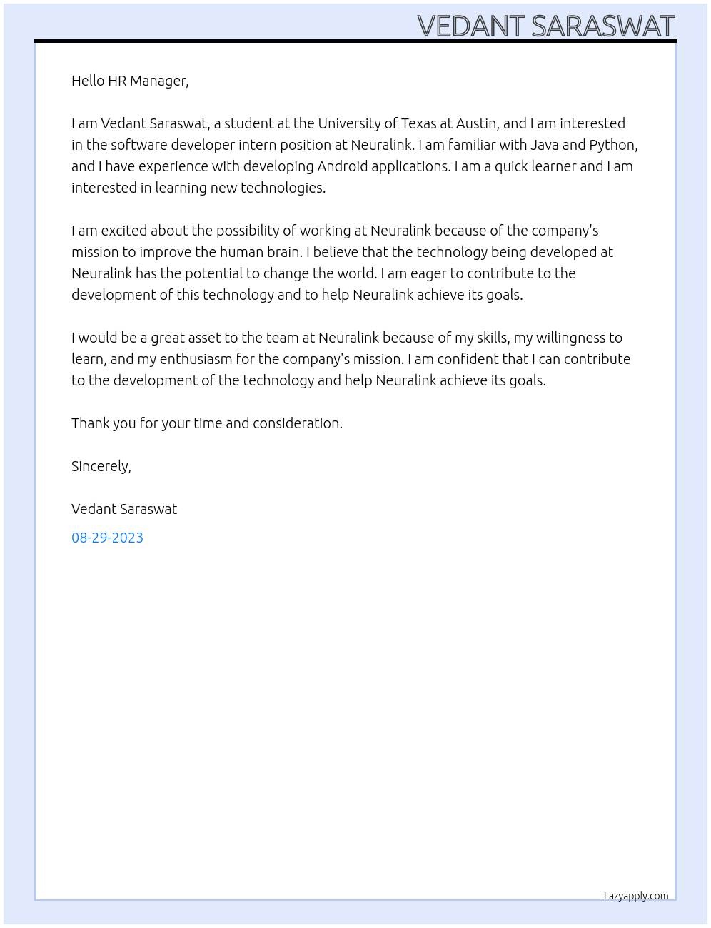 Software Developer Intern At Neuralink Cover Letter