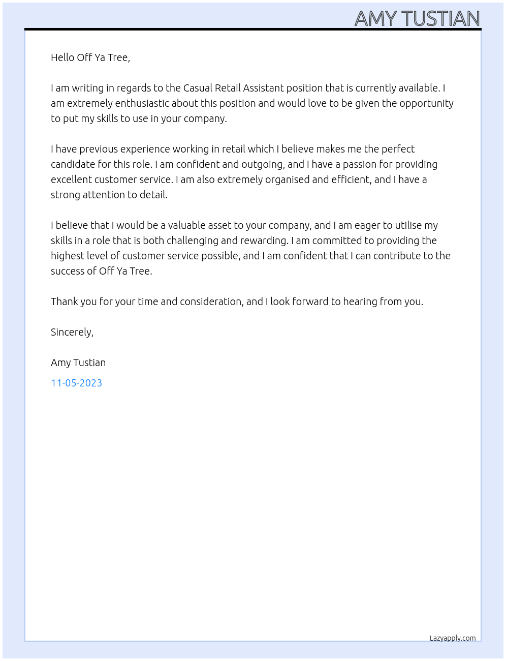 Casual Retail Assistant At Off Ya Tree Cover Letter