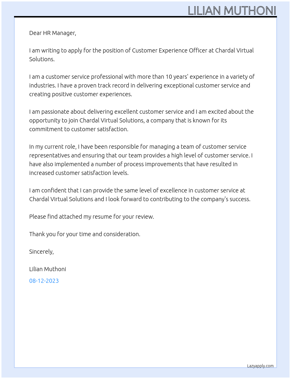 Customer Experience Officer At Chardal Virtual Solutions Cover Letter