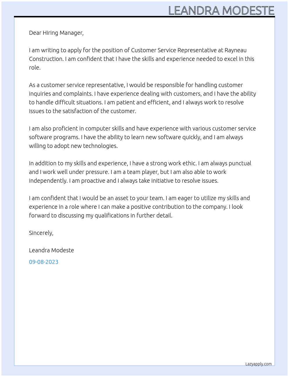 Customer Service Representive At Rayneau Construction Cover Letter