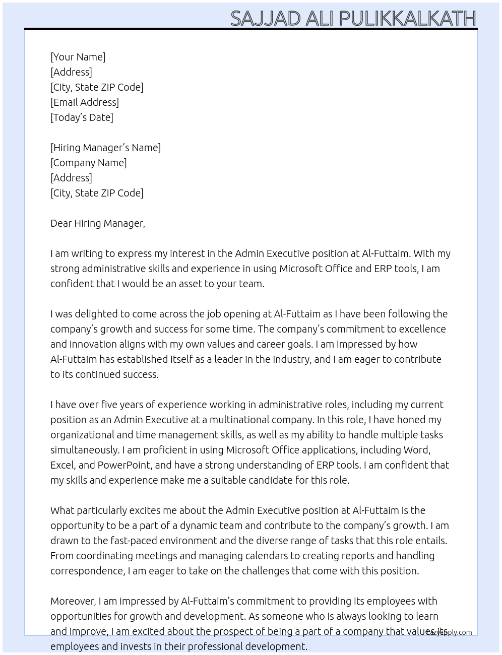 Admin executive At Al-Futtaim Cover Letter