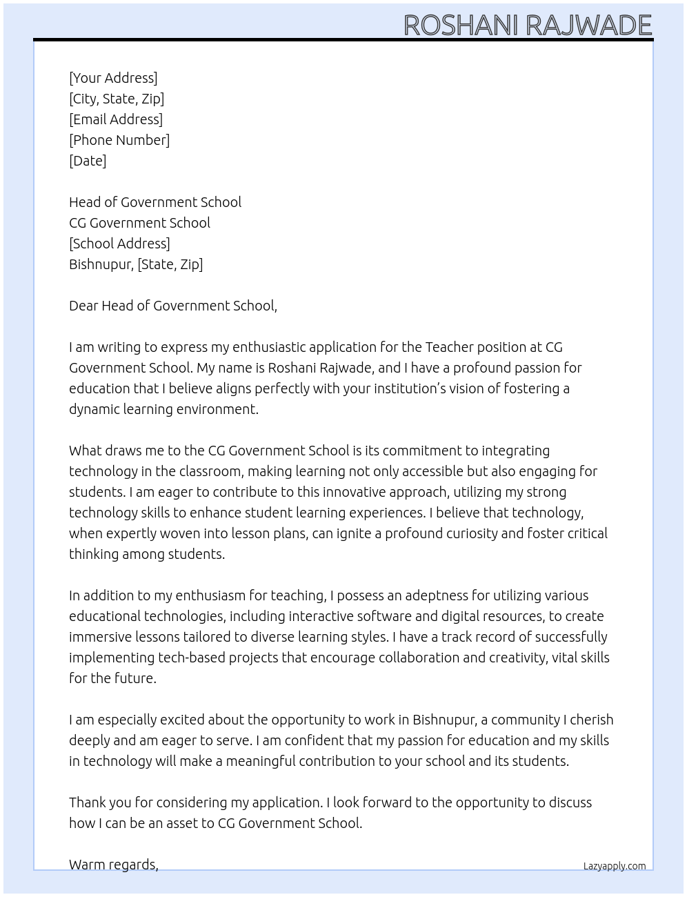 Teacher At CG Government school Cover Letter