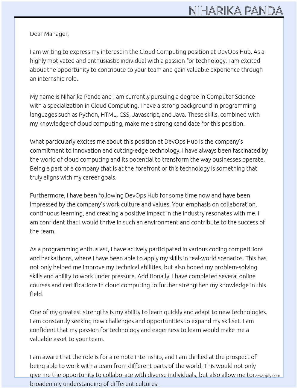 Cloud computing At devops Hub Cover Letter