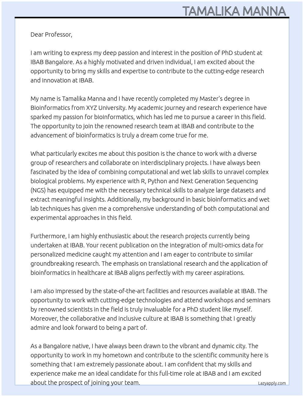 PhD student  At IBAB bangalore  Cover Letter