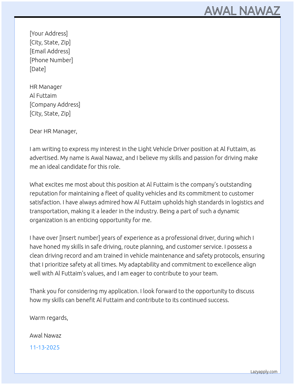 Cover letter for light vehicle driver - LazyApply
