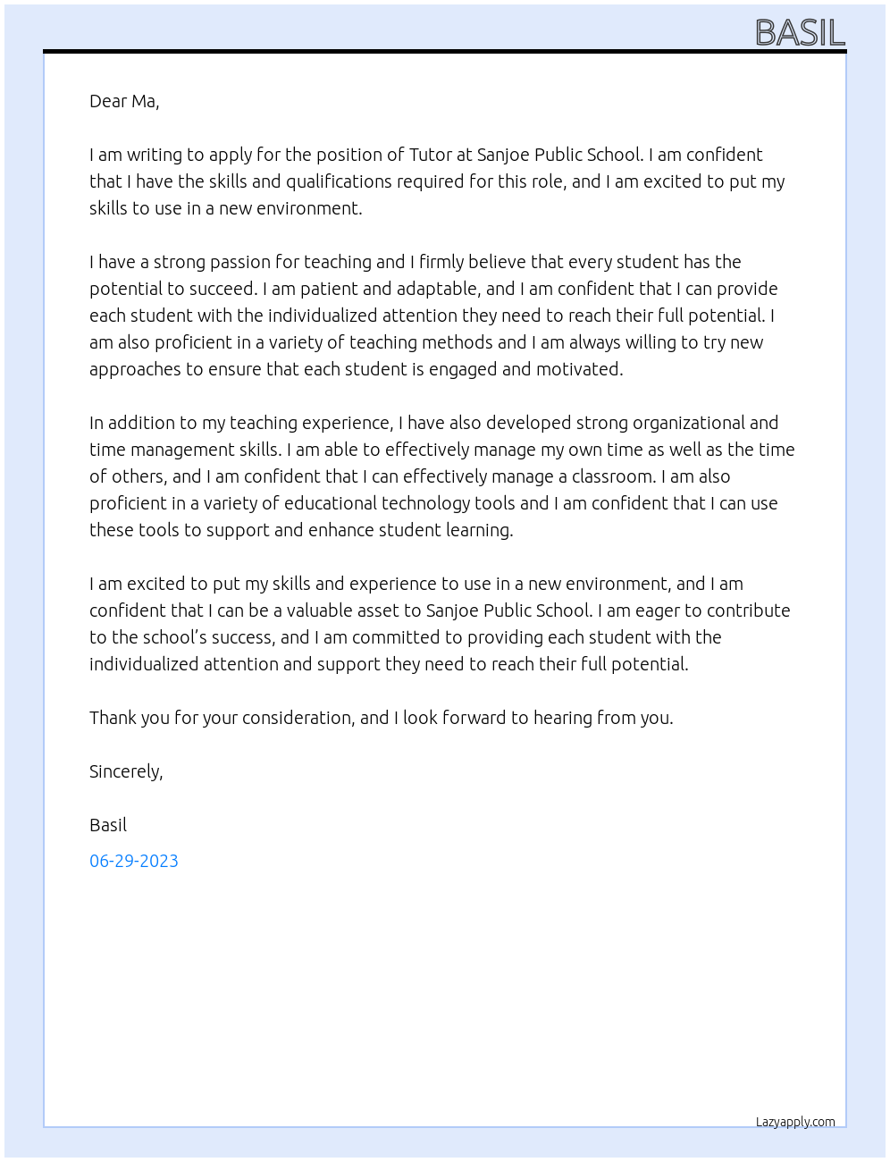 Tutor  At Sanjoe public school  Cover Letter