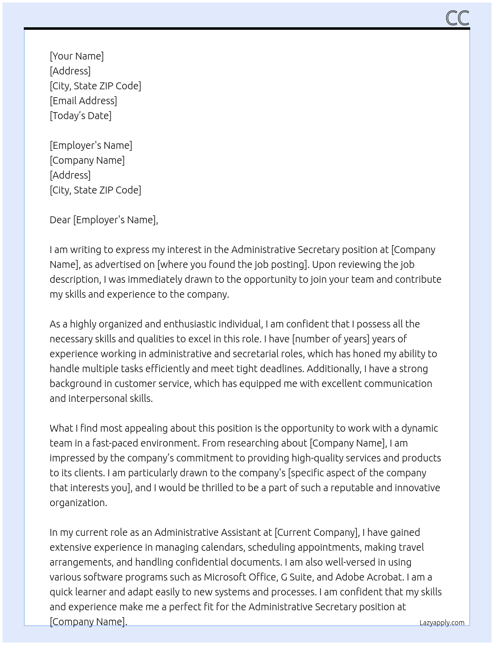 Administrative Secretary At cc Cover Letter