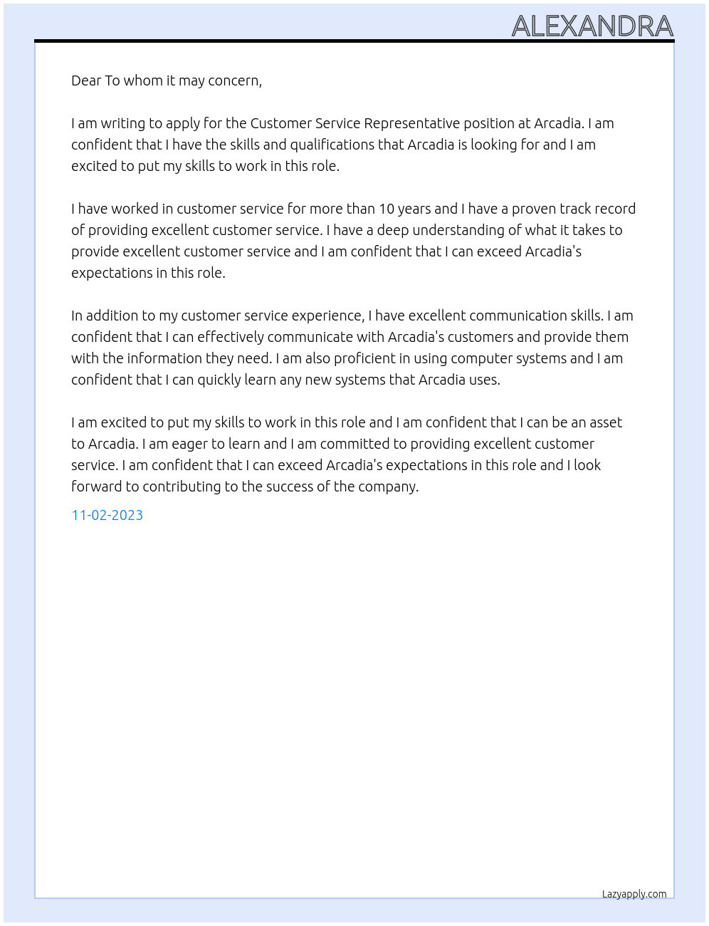 Customer service representive At Arcadia Cover Letter