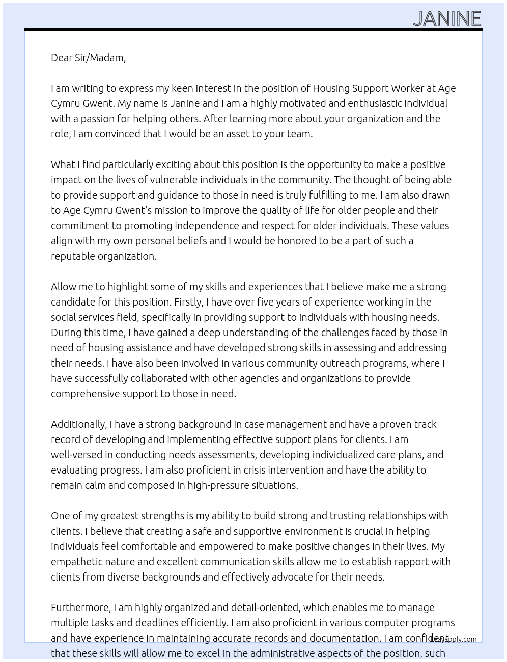 Housing support worker At Age Cymru Gwent Cover Letter