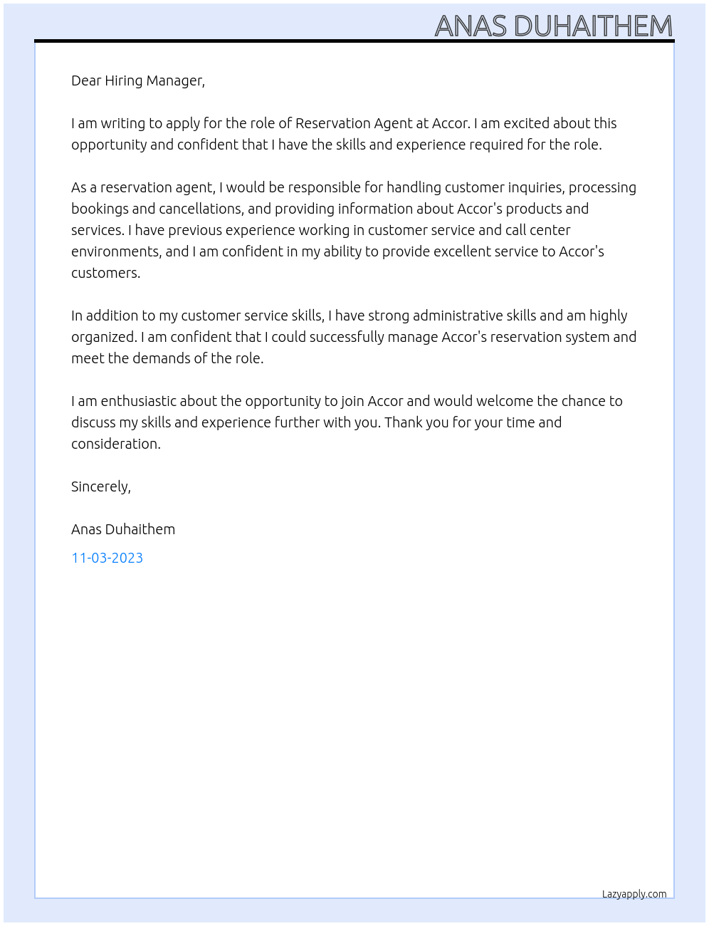 Reservation agent  At Accor Cover Letter