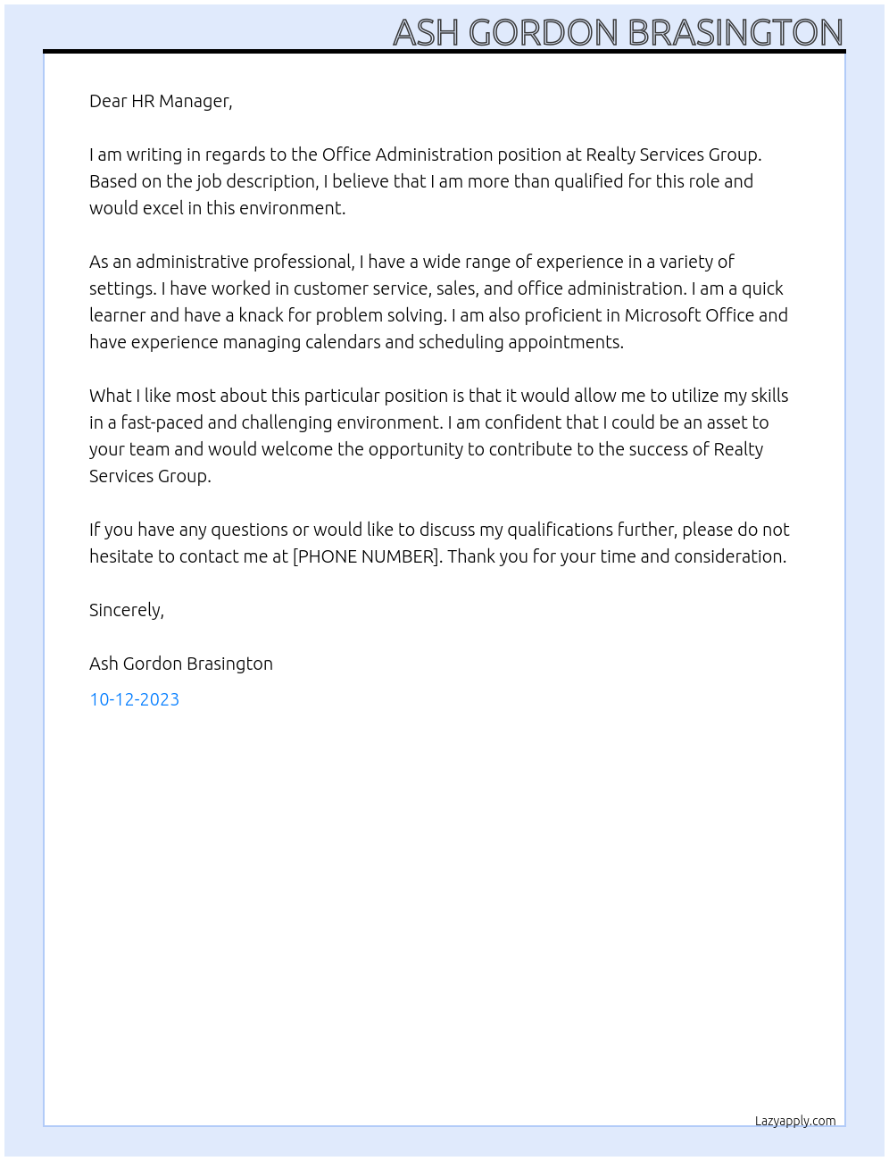 Office Administration  At Realty Services Group  Cover Letter