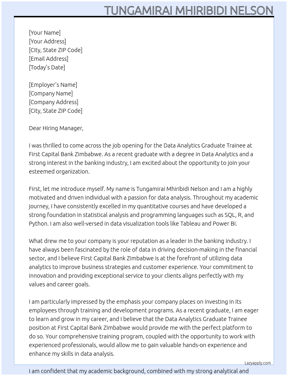 Cover letter for data analytics graduate trainee - LazyApply