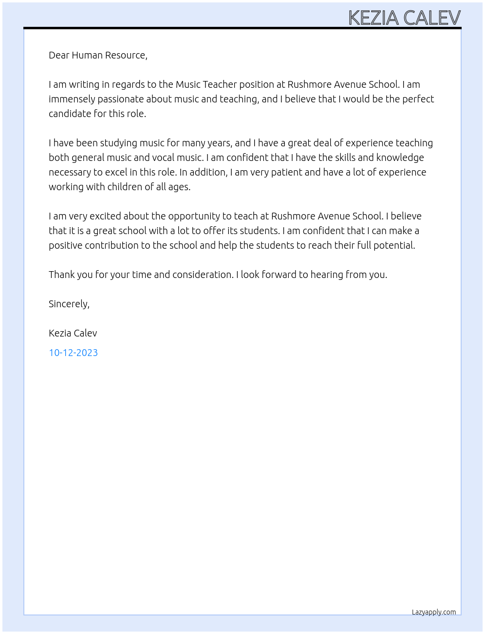 Music Teacher At Rushmore Avenue School Cover Letter