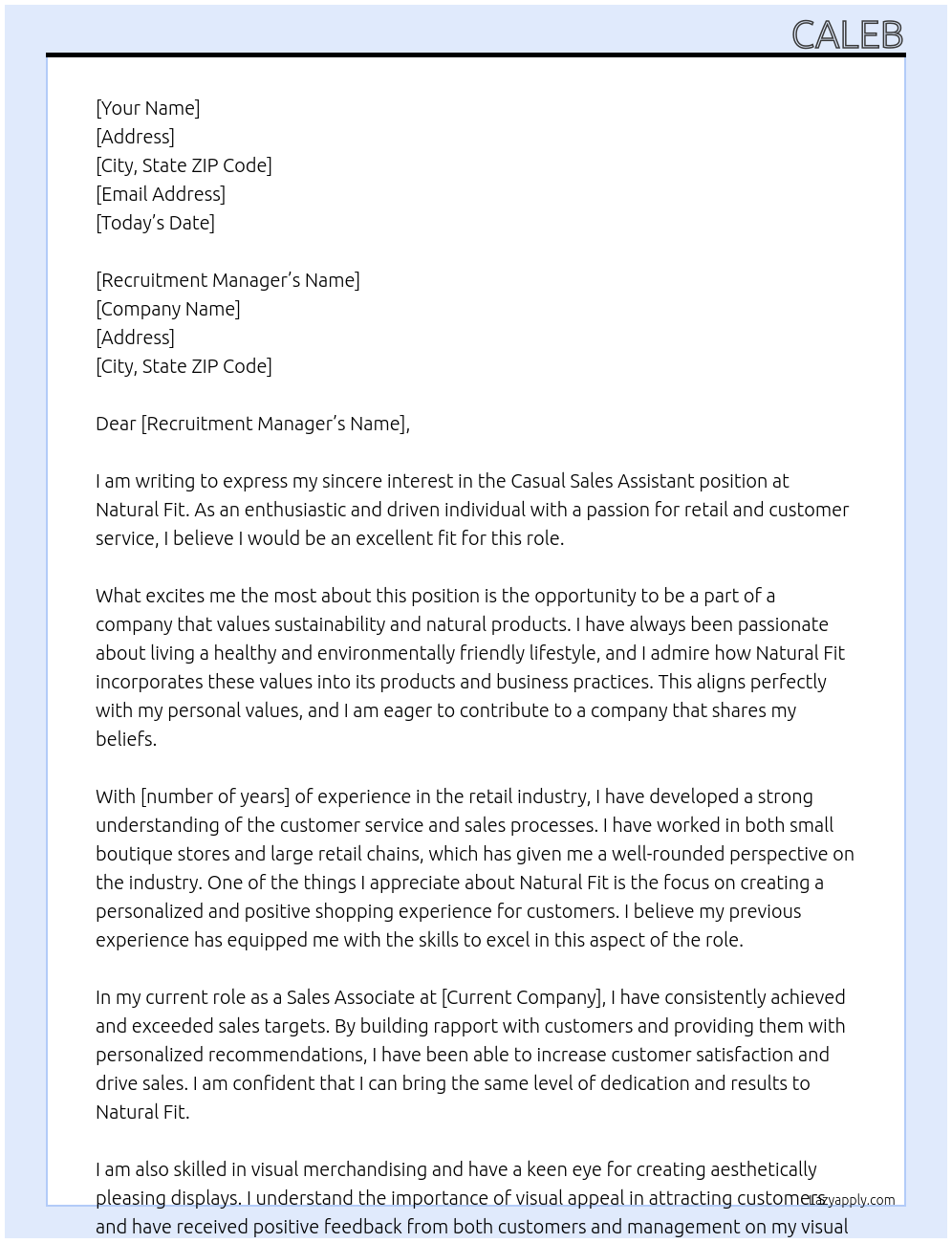 casual sales assistant At Natural Fit Cover Letter