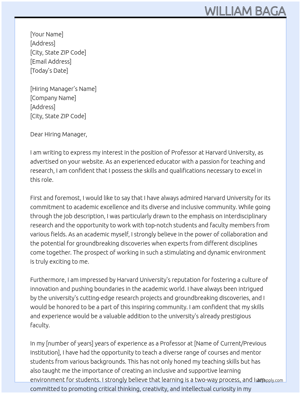 professor At Harvard University Cover Letter