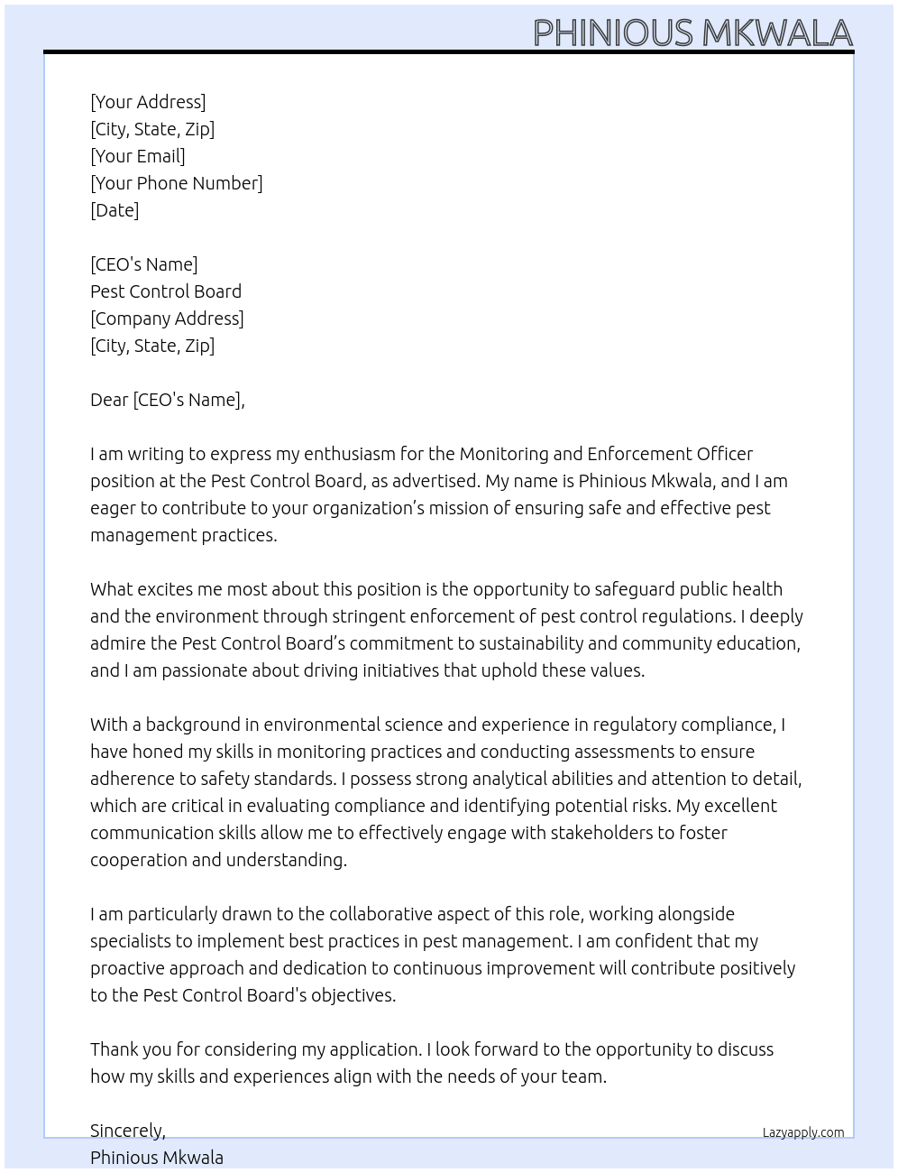 Cover letter for monitoring and enforcement officer - LazyApply