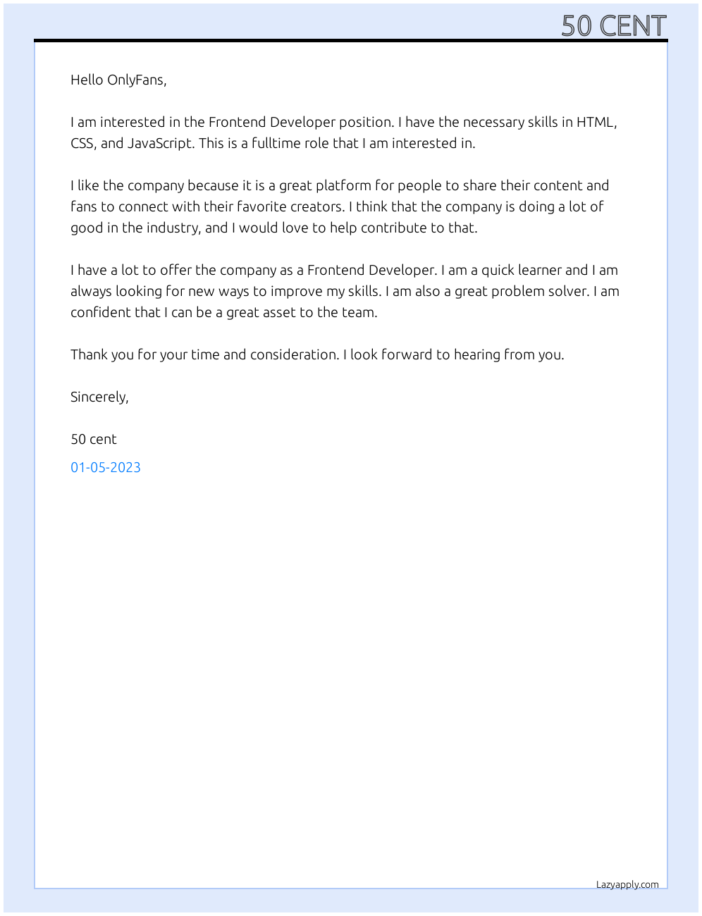 Frontend Developer At OnlyFans Cover Letter