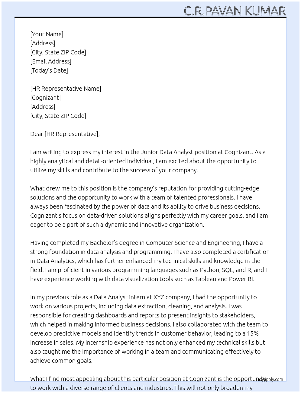 Junior Data Analyst At cognizant Cover Letter