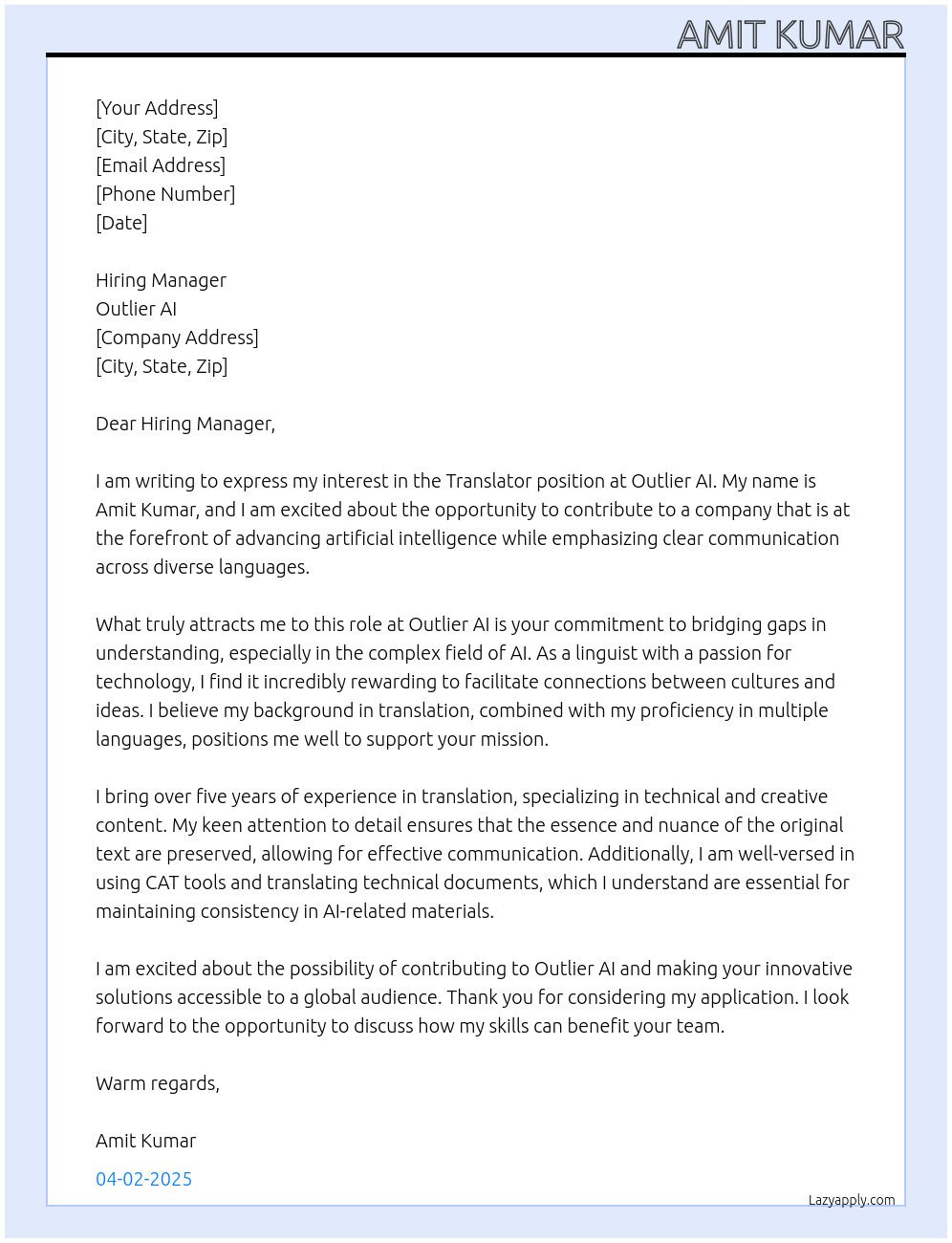 translator At outlier AI Cover Letter