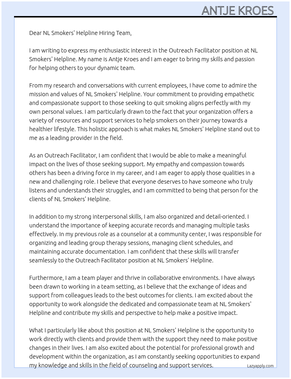 Cover letter for outreach facilitator - LazyApply