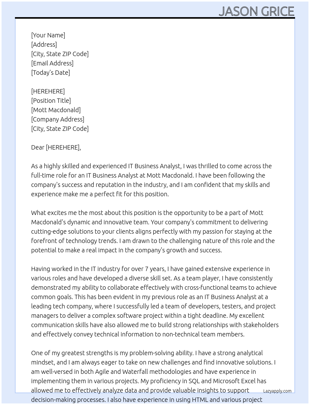 IT Business Analyst At Mott Macdonald Cover Letter