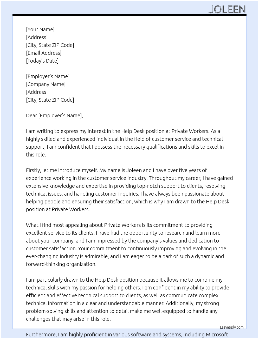 Help Desk At Private Workers Cover Letter