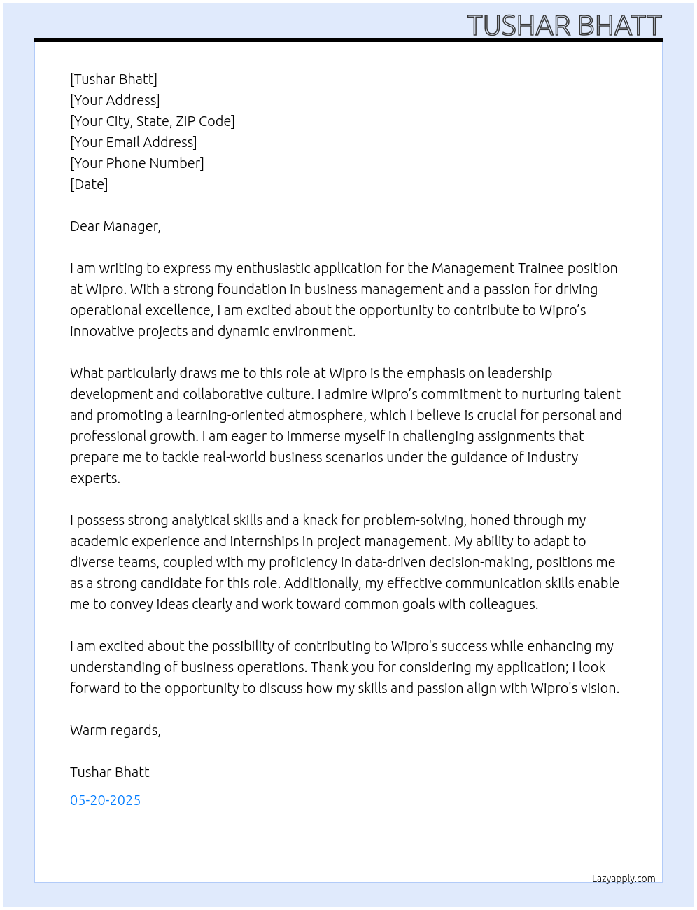 Management trainee At Wipro Cover Letter