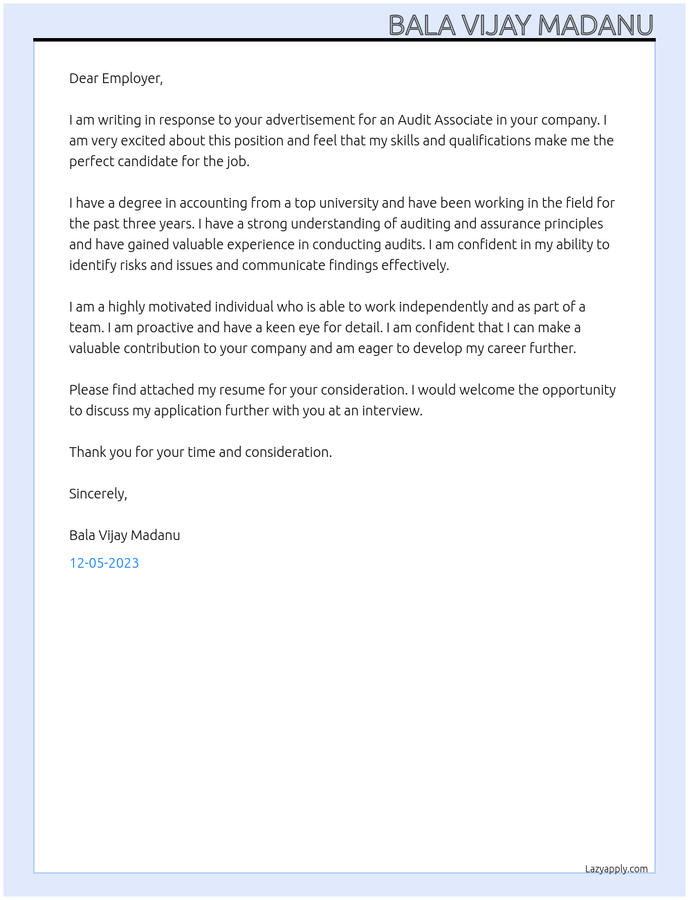 Audit associate At Meraki talent Cover Letter
