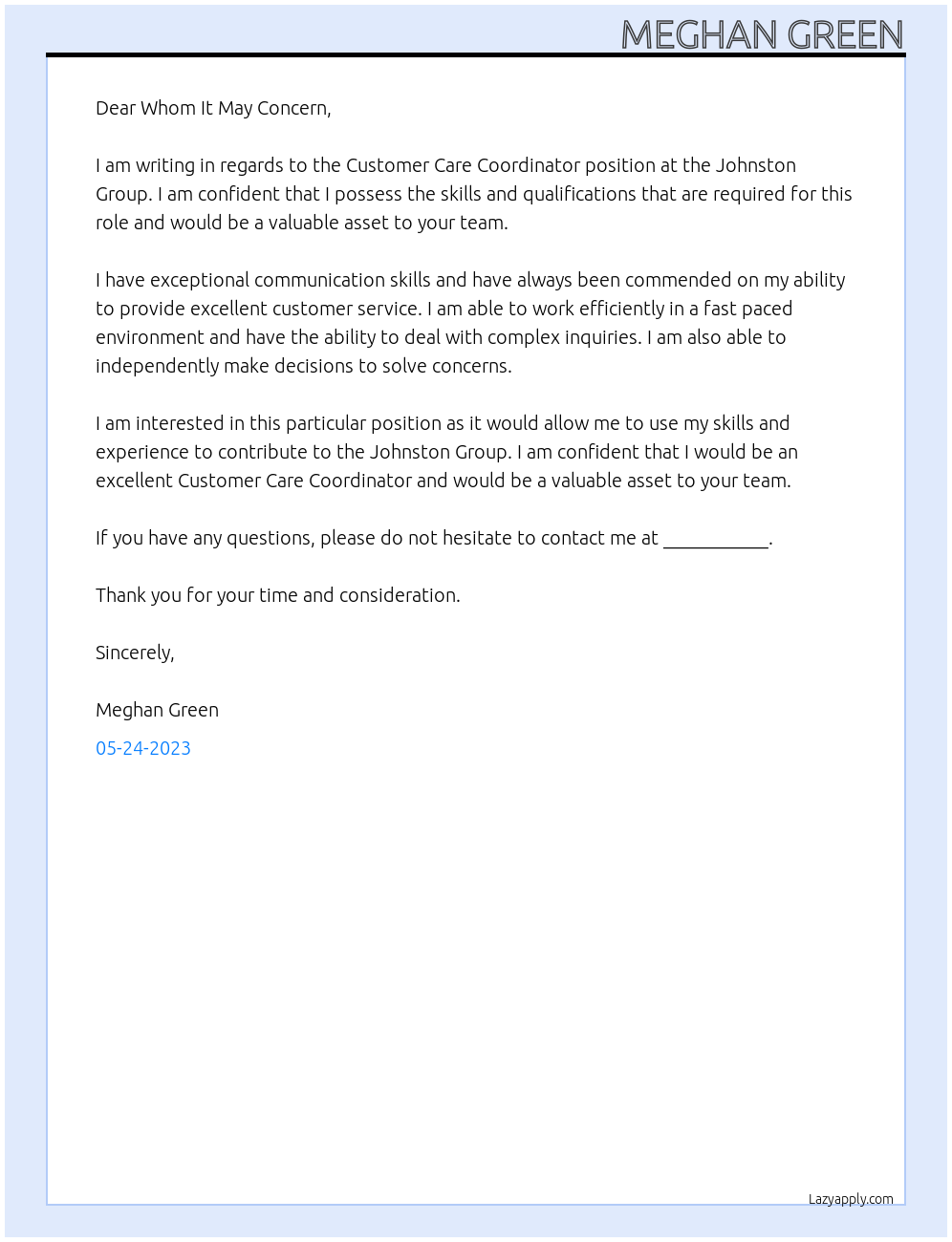 Customer Care Coordinator At Johnston Group Cover Letter